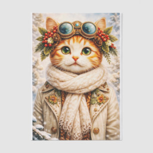 Winter Holiday Steampunk Tabby Cat FF1 Decoupage Tissue Paper