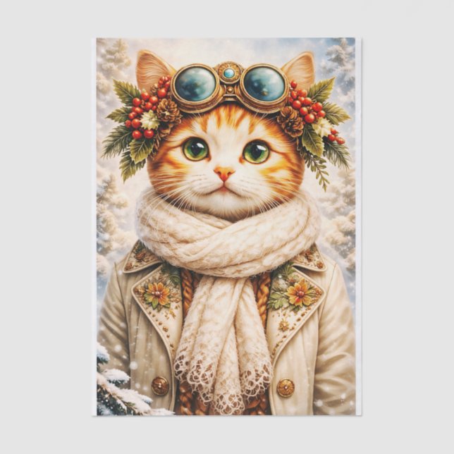 Winter Holiday Steampunk Tabby Cat FF1 Decoupage Tissue Paper (Front)