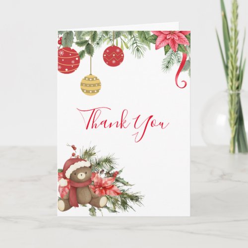 Winter holiday teddy bear red poinsettia photo  thank you card