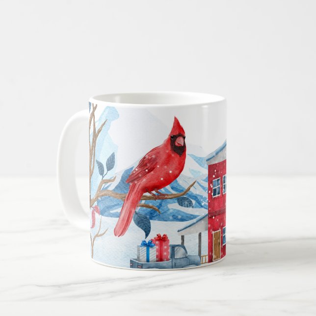 WINTER HOLIDAY TOWN RED CARDINAL BIRD ON A TREE COFFEE MUG (Front Left)
