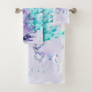 Winter Holiday - Watercolor Deer Scene Bath Towel Set