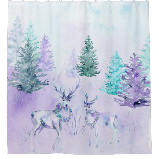 Winter Holiday Watercolor Deer Scene Shower Curtain Zazzle Com