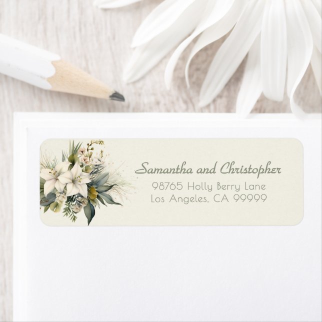 Winter Holiday Watercolor Floral Green Address Label (Insitu)