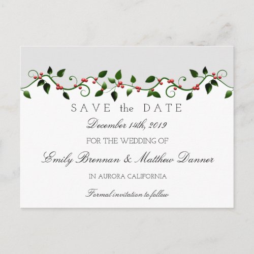 Winter Holiday Wedding Holly Berry Save the Date Announcement Postcard