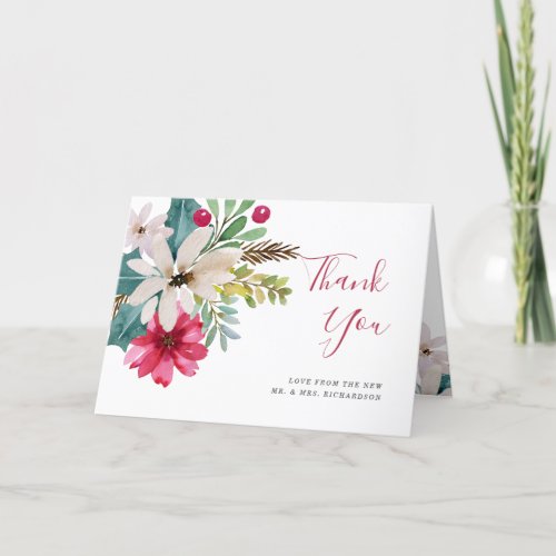 Winter Holiday Wedding  Watercolor Floral Thank You Card