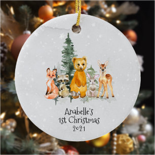 Winter Holiday Woodland Animal 1st Christmas Ceramic Ornament