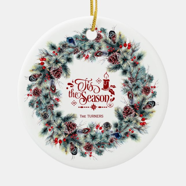 Winter Holiday Wreath 'Tis the Season Monogram Ceramic Ornament (Front)