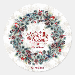 Winter Holiday Wreath 'Tis the Season Monogram Classic Round Sticker