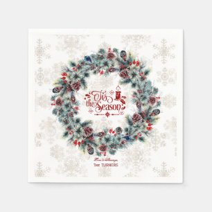 Winter Holiday Wreath 'Tis the Season Monogram Napkins