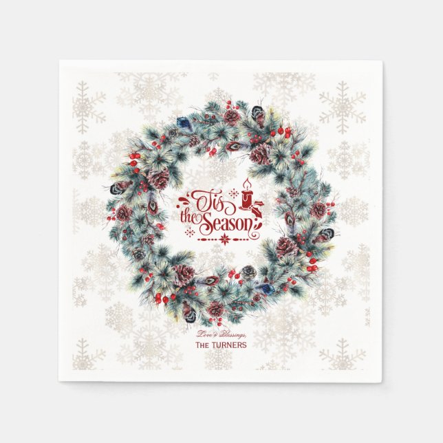 Winter Holiday Wreath 'Tis the Season Monogram Napkins (Front)