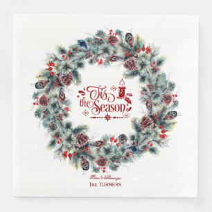 Winter Holiday Wreath 'Tis the Season Monogram Paper Dinner Napkins
