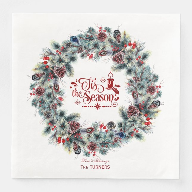 Winter Holiday Wreath 'Tis the Season Monogram Paper Dinner Napkins (Front)