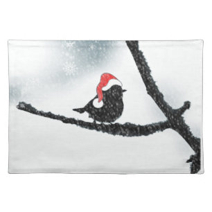 Winter Holidays Bird on a Snowy Branch Cloth Placemat
