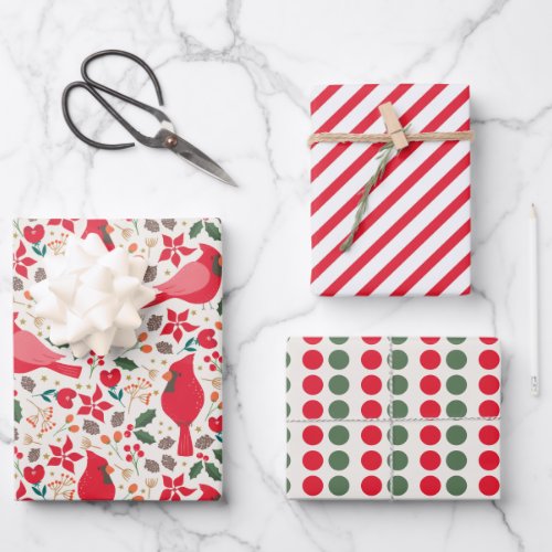 Winter Holidays Cardinals Wrapping Paper Set of 3