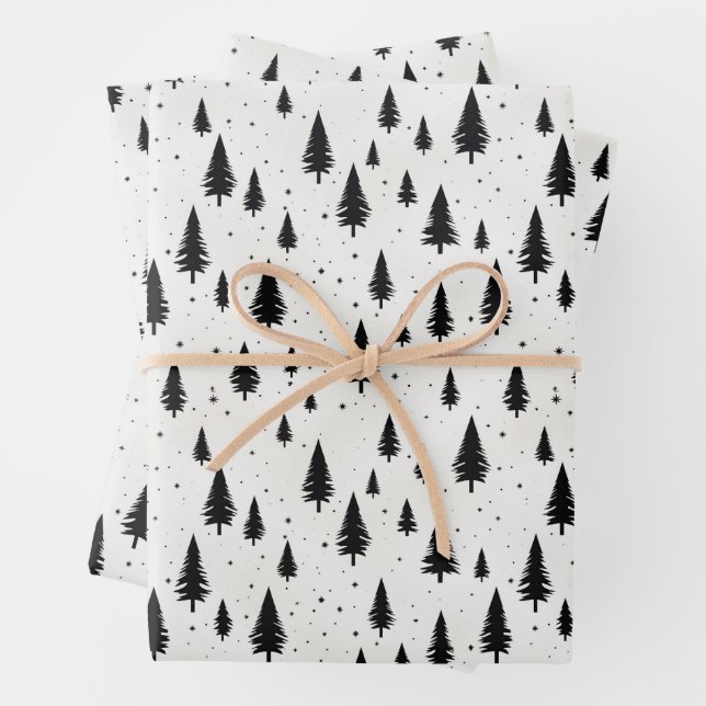 Winter Holidays Christmas trees black and white Wrapping Paper Sheets (In situ)