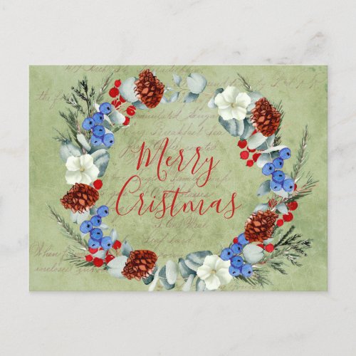Winter Holidays Christmas Wishes Framed Berry Pine Announcement Postcard
