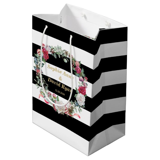 Winter Holidays Floral Wreath Stripes Wedding Medium Gift Bag (Back Angled)