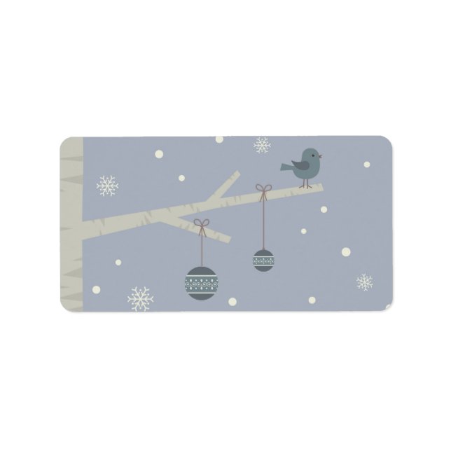 Winter holidays forest xmas tree blue bird cartoon label (Front)