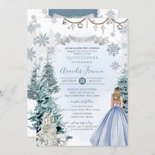 Winter Holidays Glitter Snowflake Blue Quinceaera Invitation