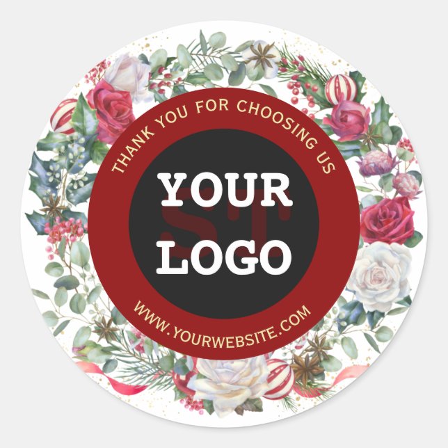 Winter Holidays Gold Red Black Monogram Your Logo Classic Round Sticker (Front)