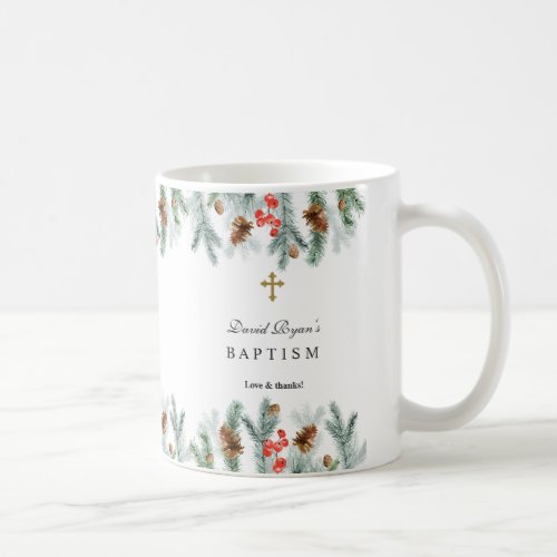 Winter Holidays Greenery Gold Cross Boy Baptism Coffee Mug