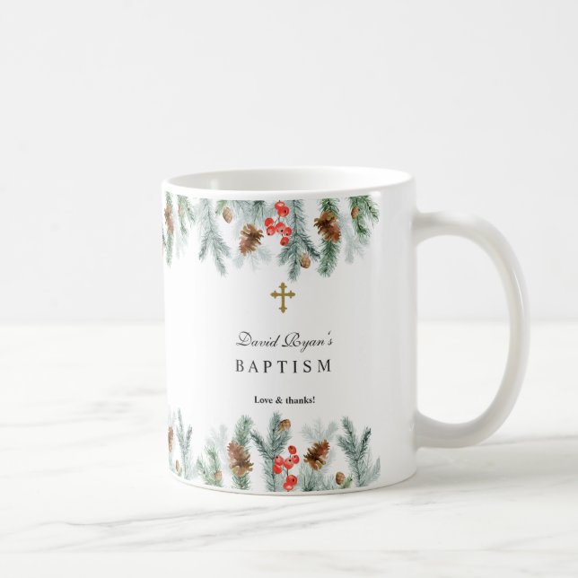 Winter Holidays Greenery Gold Cross Boy Baptism Coffee Mug (Right)
