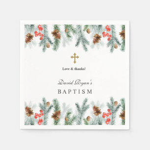 Winter Holidays Greenery Gold Cross Boy Baptism Napkins