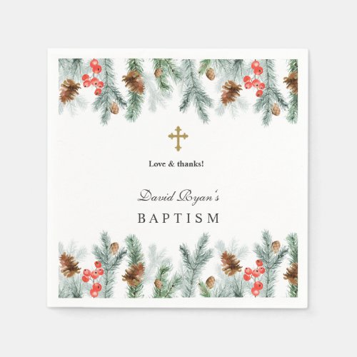 Winter Holidays Greenery Gold Cross Boy Baptism Napkins