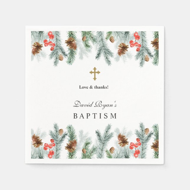 Winter Holidays Greenery Gold Cross Boy Baptism Napkins (Front)