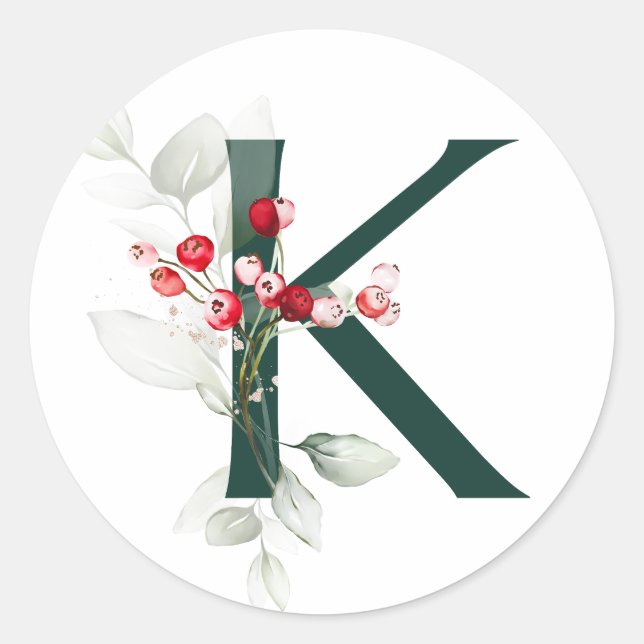 Winter holidays MONOGRAM red poinsettia berries  C Classic Round Sticker (Front)