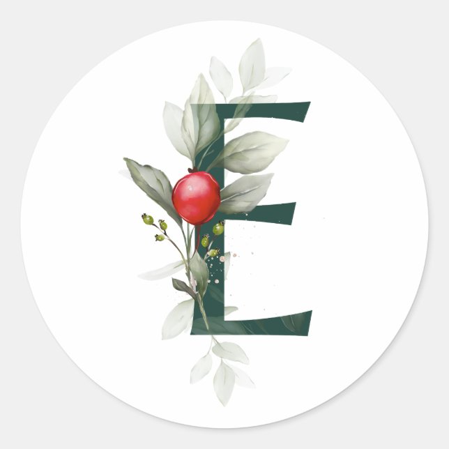 Winter holidays MONOGRAM red poinsettia berries  C Classic Round Sticker (Front)