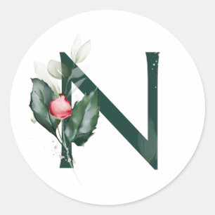 Winter holidays MONOGRAM red poinsettia berries  C Classic Round Sticker