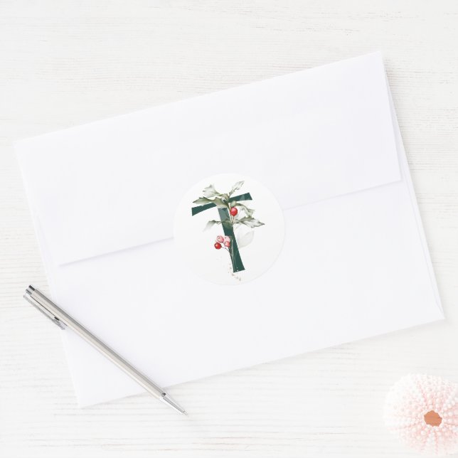 Winter holidays MONOGRAM red poinsettia berries  C Classic Round Sticker (Envelope)