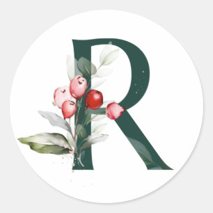 Winter holidays MONOGRAM red poinsettia berries C Classic Round Sticker