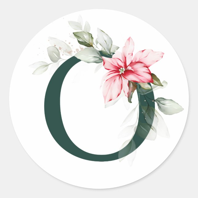 Winter holidays MONOGRAM red poinsettia berries  C Classic Round Sticker (Front)