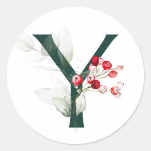 Winter holidays MONOGRAM red poinsettia berries C Classic Round Sticker