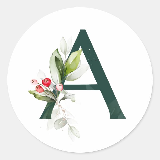 Winter holidays MONOGRAM red poinsettia berries  Classic Round Sticker (Front)