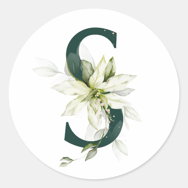 Winter holidays MONOGRAM white poinsettia  Classic Round Sticker (Front)