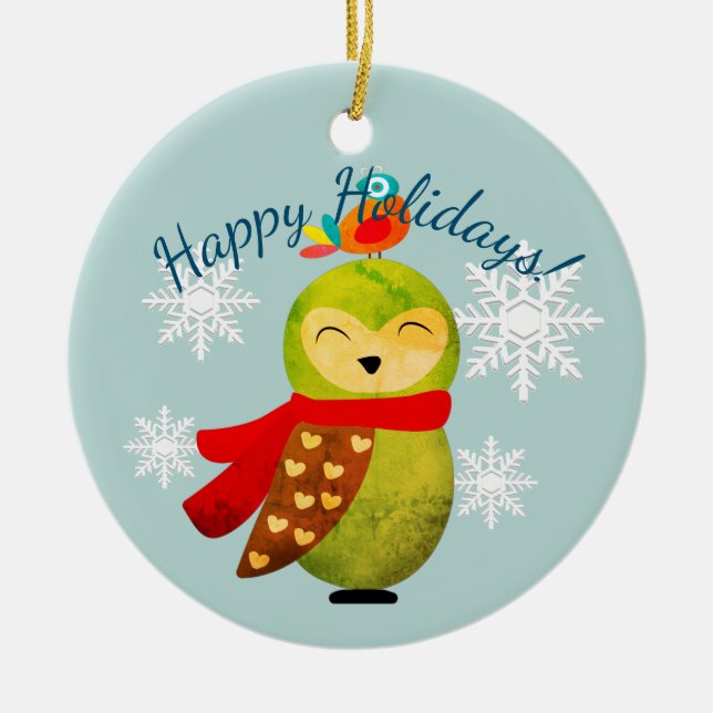 Winter Holidays Owl Ceramic Ornament (Front)