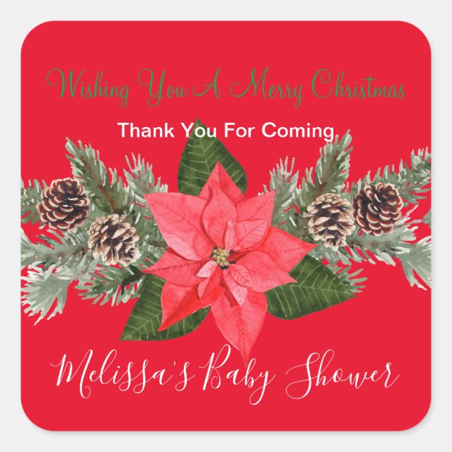 Winter Holidays Pinecones Poinsettia Thank You Square Sticker (Front)