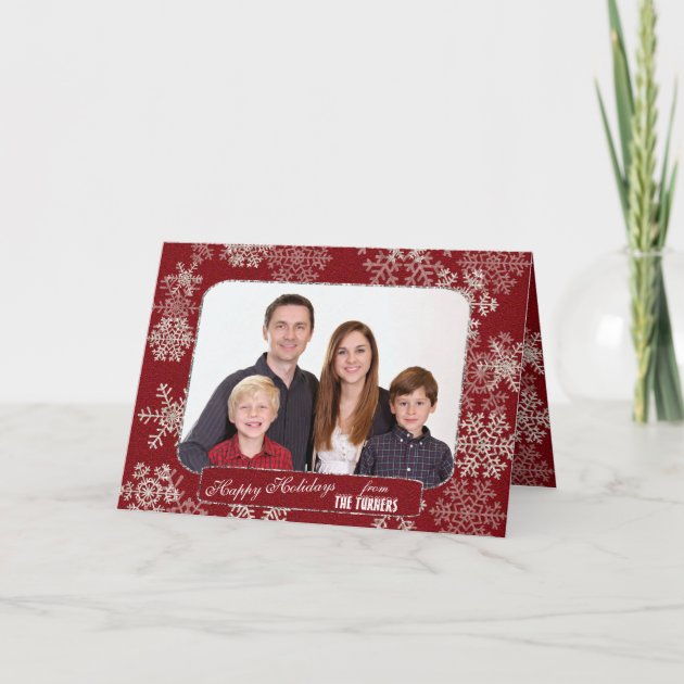 Winter Holidays Red Glitter Snowflakes Photo Holiday Card