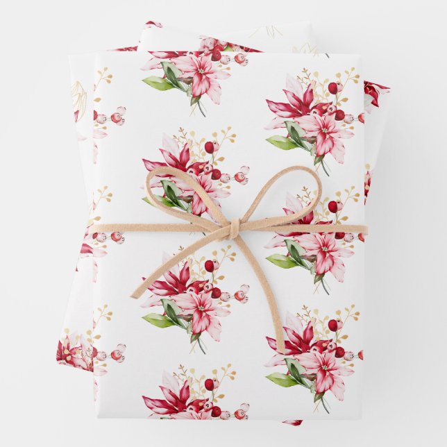 Winter holidays  red poinsettia berries wrapping paper sheets (In situ)
