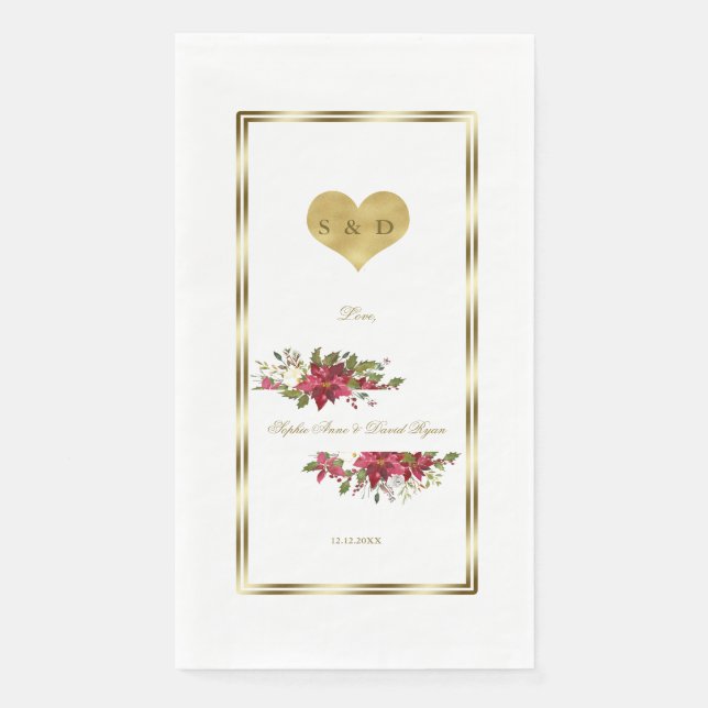Winter Holidays Red Poinsettia Gold Wedding Paper Guest Towels (Front)
