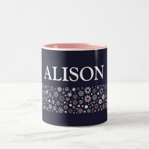 Winter holidays rose gold snowflake blue name Two-Tone coffee mug