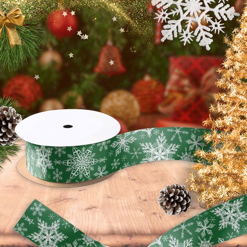 Winter Holidays Snowflakes Green Christmas Satin Ribbon