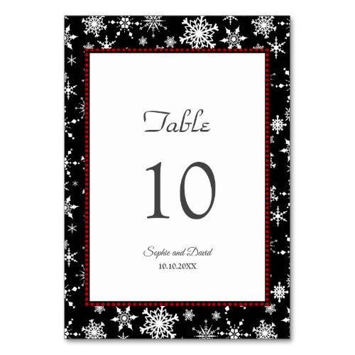 Winter Holidays Snowflakes Red Buffalo Wedding Table Number