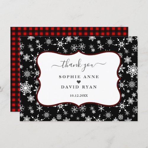 Winter Holidays Snowflakes Red Buffalo Wedding Thank You Card