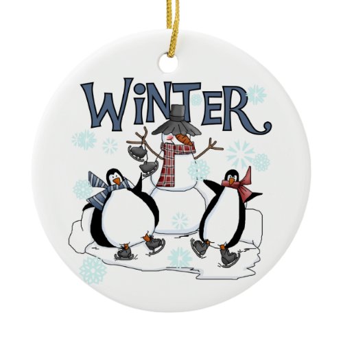 Winter Holidays Snowman Penguins Ice Skating Ceramic Ornament
