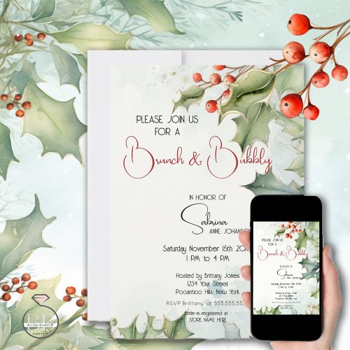 Winter Holly and Berries Brunch and Bubbly  Invitation