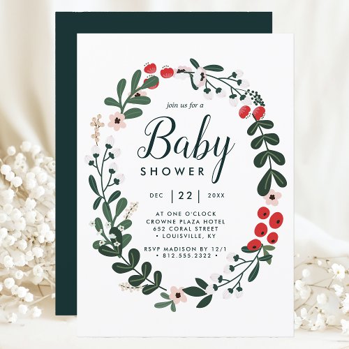 Winter Holly Berries Floral Botanical Baby Shower Invitation